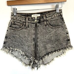 Vibrant MIU Womens‎ Boho Frayed Hem Zip Denim Shorts S Black Acid Wash Festival